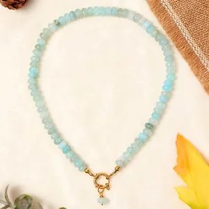 Natural Stone Beaded Necklace For Women Titanium Steel Fresh Light Blue Aquamarine Style Round Buckle Clavicle Chain Jewelry