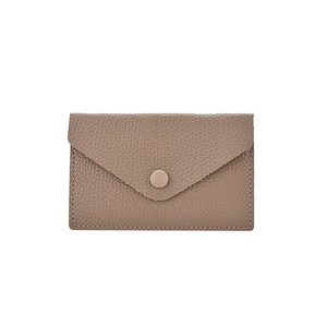 Taupe lychee pattern leather envelope wallet with snap button closure on white background