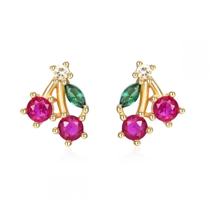 Detail of red cherry stud earrings featuring gold finish and sparkling zircon stones