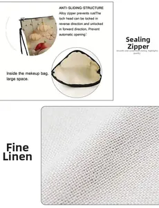 Detail view of anti-slip alloy zipper and spacious interior of the linen cosmetic bag