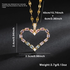 Macro shot of gold heart pendant with colorful zircons and precise size measurements