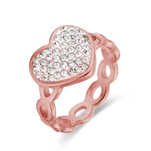 Bague en or rose avec motif de chaîne évidée et cœur étincelant serti de strass