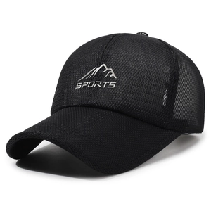 Men's black mesh baseball cap with silver mountain logo and sports lettering