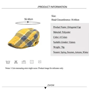 Unisex yellow and blue checkered newsboy cap with size specifications and 56-60cm circumference