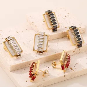 Rectangular Stud Earrings Titanium Steel Gold Plated Mother-Of-Artificial Pearl With Cubic Zirconia Inlay Vintage Elegant Jewelry For Women