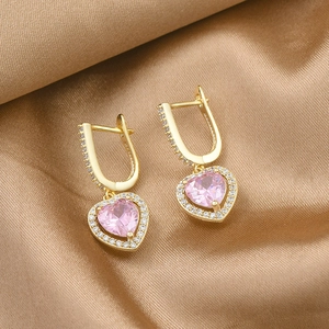 Pink heart crystal earrings with gold micro-pave zirconia on elegant gold satin fabric