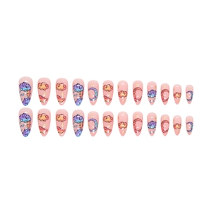 Dreamy cloud and moon illustration press-on nails with almond shape and pink gradient