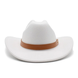 Classic white felt cowboy hat with brown leather band and gold stud accent