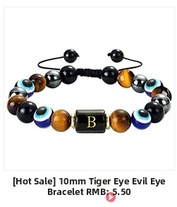 Detailansicht von 10mm Tigerauge-Steinen und Evil Eye Perlen auf gewebtem Armband