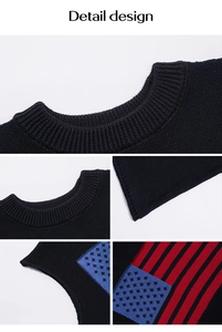 Detail design showing knit round neck and American flag stars and stripes on black vest