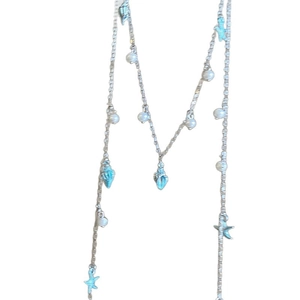 Blue starfish and seashell pearl tassel necklace for beach vacation jewelry style