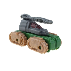 Detail of army green toy tank with rotatable grey turret and precise modeling details