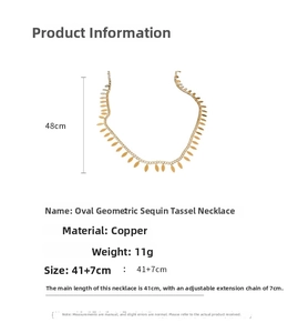 Detailed view of gold leaf sequin tassel choker necklace with specific size measurements