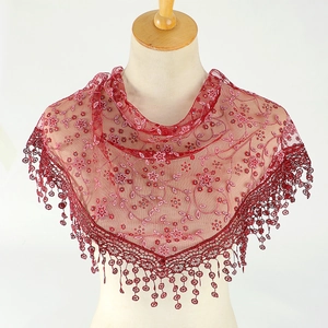 Elegant red lace triangle headscarf with floral embroidery and polka dot tassel fringe