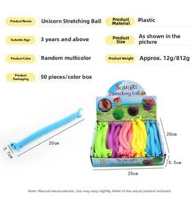Close-up of colorful unicorn stretchy sensory toys with packaging and dimensions