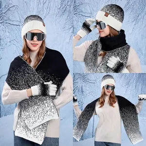 Ensemble Hiver Bonnet Écharpe Et Gants Tricot Doublé Polaire Thermique Coupe-Vent Tactile Motif Flocon De Neige Femmes