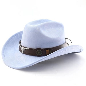 Detail of light blue wool felt cowboy hat featuring silver bull head buckle on leather band