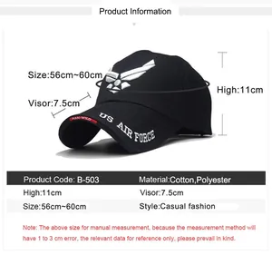 Spécifications détaillées de la casquette de baseball tactique noire US Air Force
