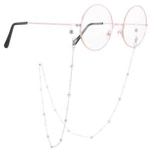 Silver chain glasses strap with white pearls and metal cubes on rose gold glasses