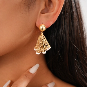 18K gold plated hollow grid earrings with a fan shape design and elegant pearl accents