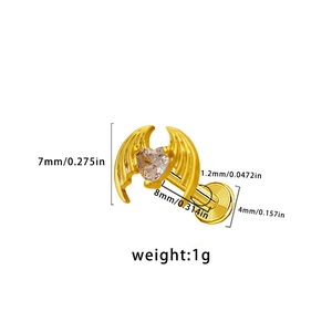 Detailed size specifications for a gold heart stud earring with wings and zircon inlay