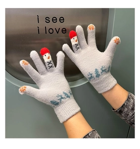 Detailed knit grey gloves featuring cute snowman touchscreen tips and winter deer patterns