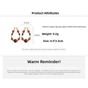 Detailed size and material specs for vintage tiger eye and pearl beaded drop earrings