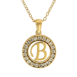 Collier en or 18K avec pendentif lettre B ronde et strass brillants sur fond blanc pur