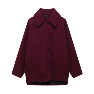 Classic wine red wool blend coat with notched lapels and single-breasted button design