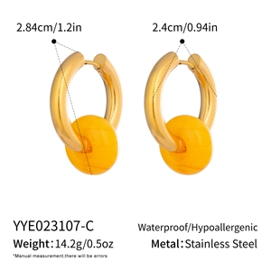 Detailed dimensions and specs of stainless steel gold hoop earrings with yellow beads