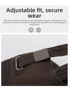 Detail of adjustable metal buckle on dark brown canvas baseball cap for custom sizing