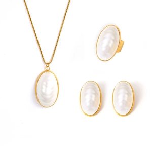 French style mother of pearl oval pendant necklace earrings and ring gold jewelry set