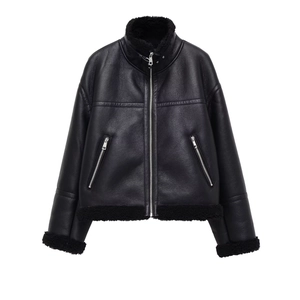 Veste aviateur noire en similicuir pour femme avec doublure polaire et zips métalliques