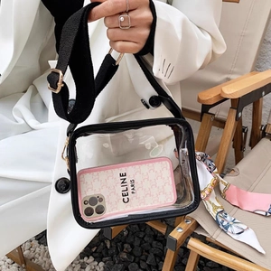 Stylish clear PVC crossbody messenger bag with black fabric strap and metal zipper detail