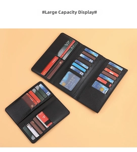 Detail view of black leather wallet interior featuring multiple card slots and ID window