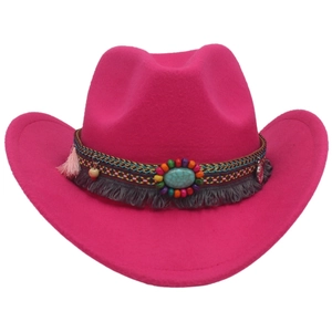 Rose red western cowboy felt hat featuring ethnic beadwork and tassel embellishments
