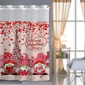 Detail of Valentine's waffle shower curtain with Eiffel Tower, gnomes and red heart patterns