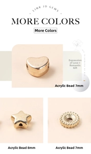 Macro detail of 7mm and 8mm gold acrylic heart, star, and round spacer beads for jewelry DIY