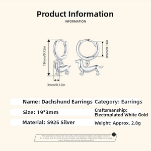 S925 sterling silver dachshund dog earrings with detailed dimensions and 19x3mm size chart