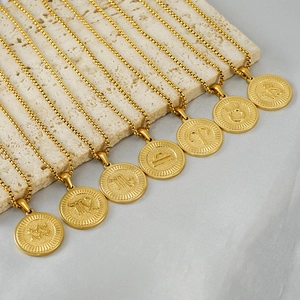 Zodiac Sign Round Pendant Necklace Stainless Steel 18K Gold Plated Vintage Constellation Jewelry For Women Men