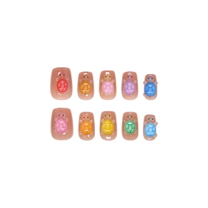 Short T-shaped press-on nails set with colorful 3D crystal turtles and cat-eye effect