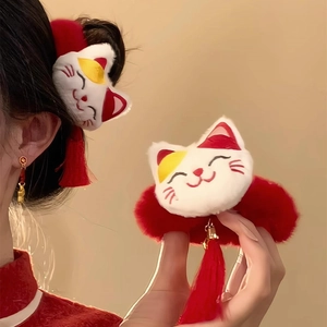 Plush Lucky Cat Hair Ties With Long Red Tassels Cute Chinese Style Ponytail Holder Festive Hair Accessories For Girls