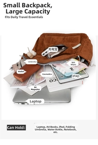 Innenansicht des braunen Cord-Rucksacks mit Platz für Laptop und tägliche Utensilien