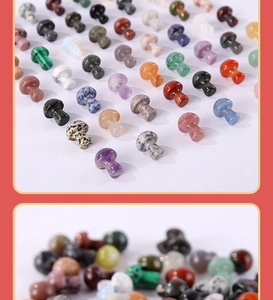 Detailed view of various natural crystal mushroom carvings in multiple colorful stone types