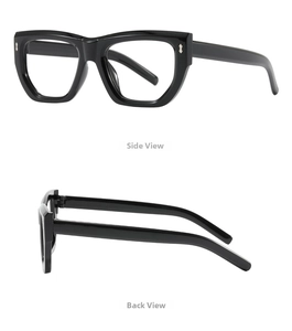 Side and back view of glossy black square eyeglasses with silver diamond rivets