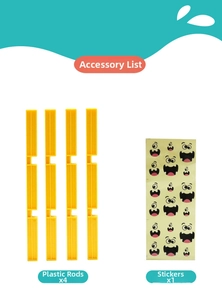 Detail view of four yellow plastic game rods and a cartoon emoji sticker sheet set