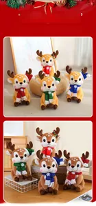 Detailed close-up of plush Christmas reindeer dolls with sparkling sequined scarves and hats