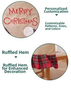 Detail of linen Christmas chair cover featuring red embroidery and plaid ruffle trim