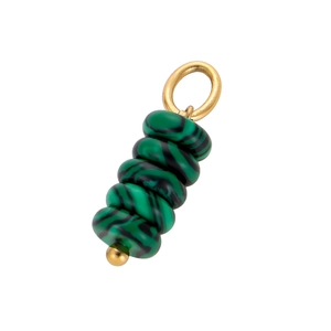 Green and black striped malachite style stone bead pendant with golden metal ring