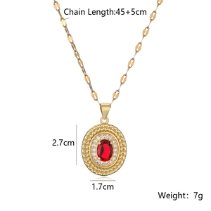 Detailed size chart for gold droplet necklace with red stone and dimensions markers